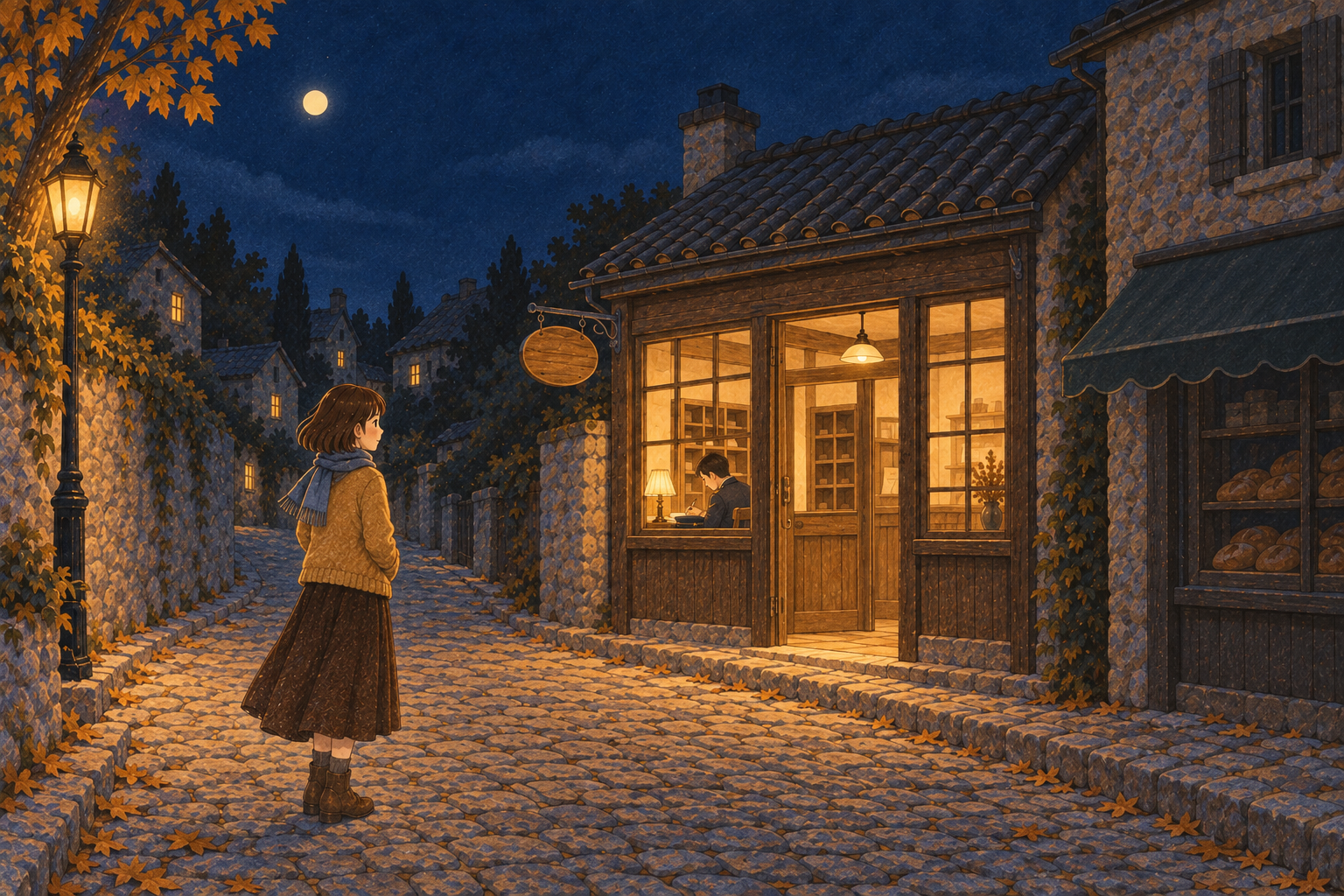 夜の郵便局の入口とミナ