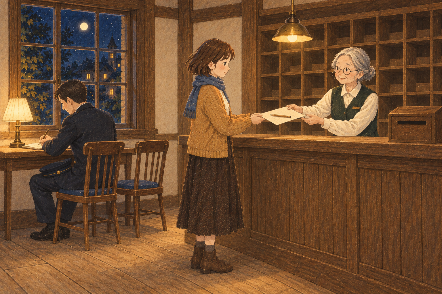 車掌が手紙を書く机のそばで、郵便屋から紙を受け取るミナ。