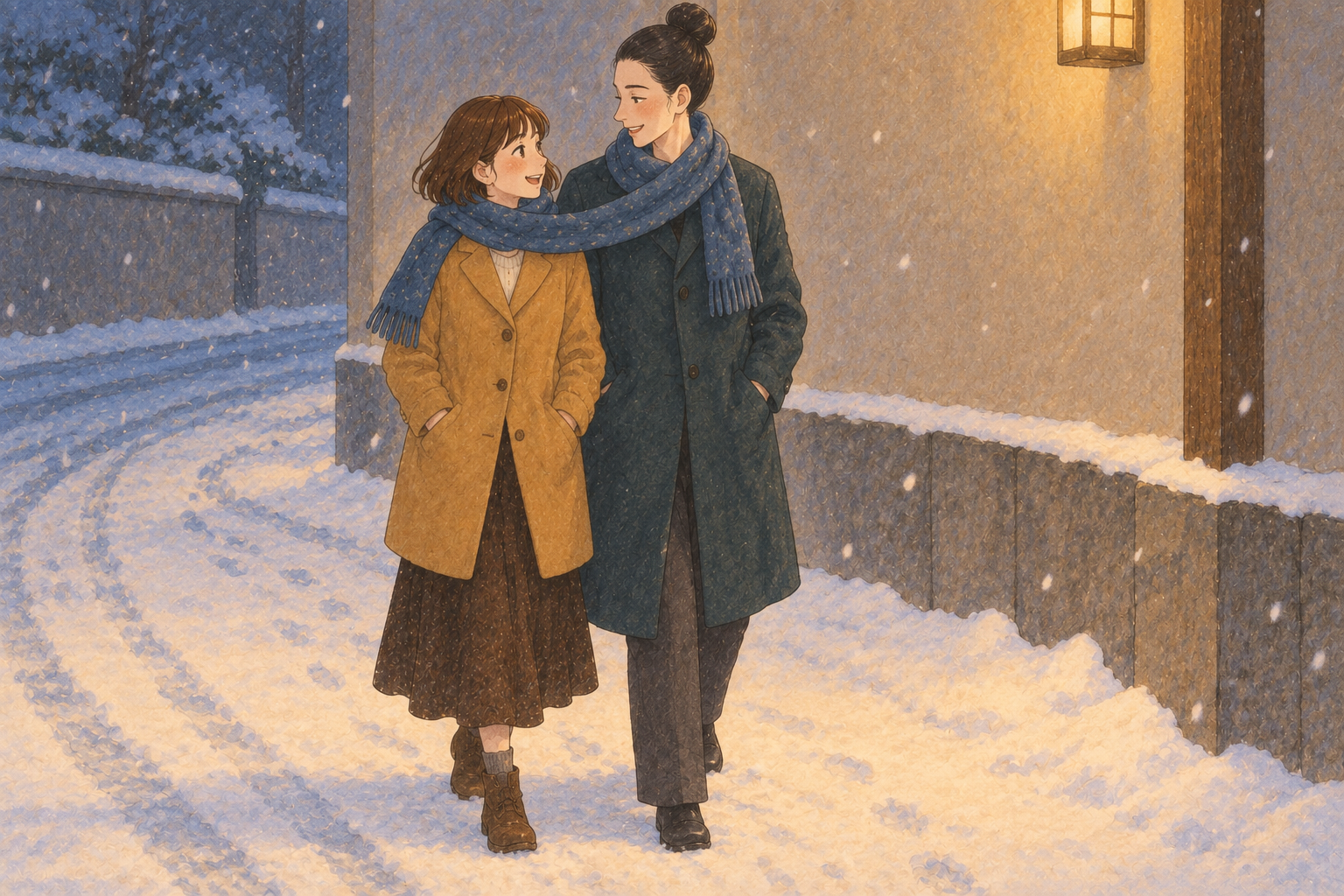 雪道で一本の長い青いマフラーを分け合い、笑うミナとハル。