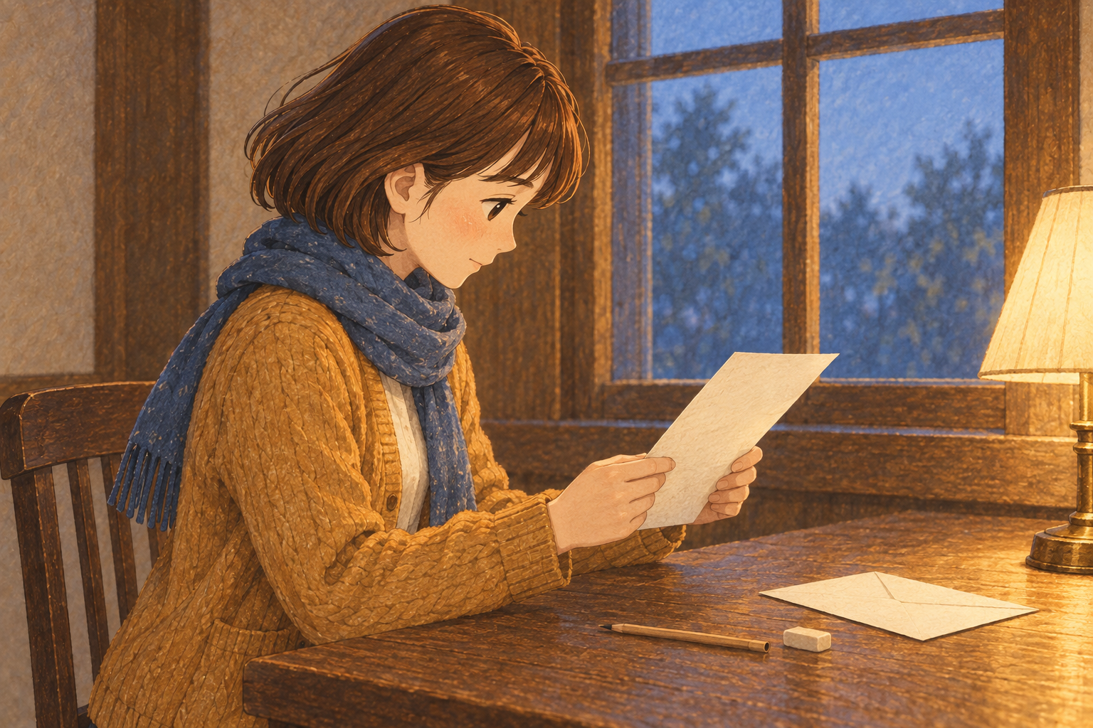 鉛筆を机に置き、書き終えた手紙を読み返すミナ。